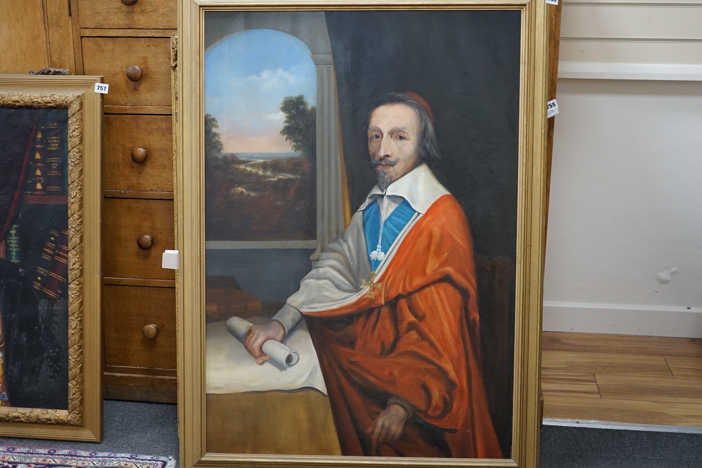 French School, oil on canvas, Portrait of Cardinal Richelieu (1585–1642), before a landscape, unsigned, 100 x 69cm. Condition - fair, some feint craquelure